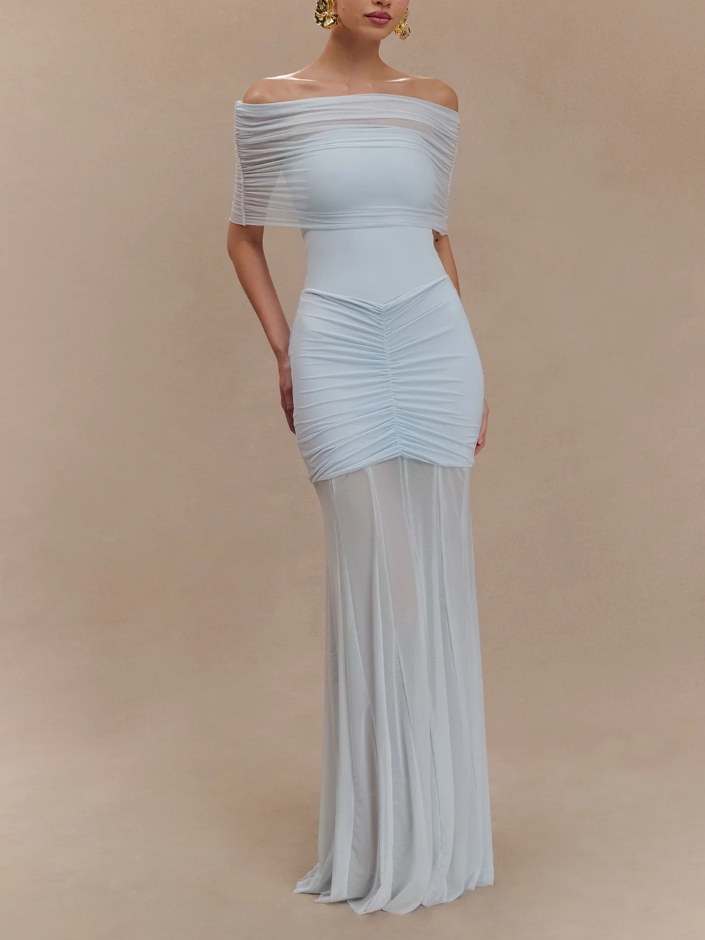 **NWT** MESHKI - Caspian Slinky And Mesh Off Shoulder Maxi Dress - Pale Blue
